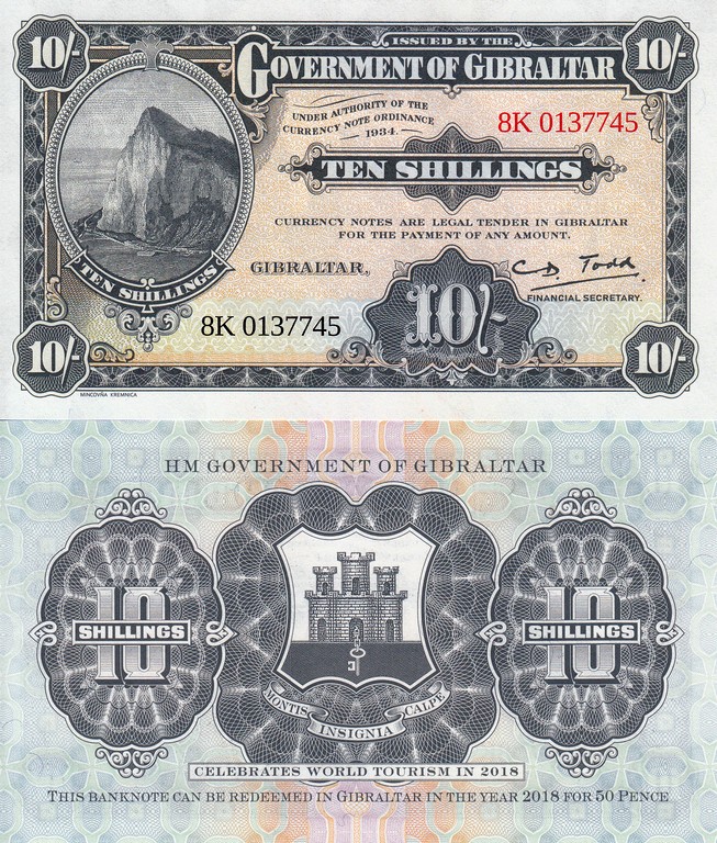 Гибралтар Банкнота 10 шиллингов 2018 UNC Репринт 2018