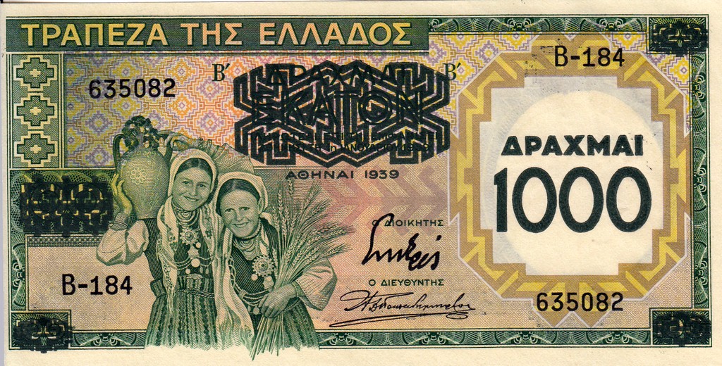 Греция Банкнота 1000 драхм 1939 на 100 драхм 1939 UNC P111