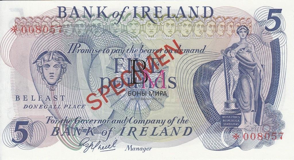 Северная Ирландия Банкнота 5 фунтов 1977 UNC Образец Банк Ирландии 