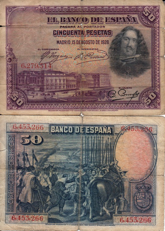 Испания Банкнота 50 песет 1928 VG Серия без букв P75b