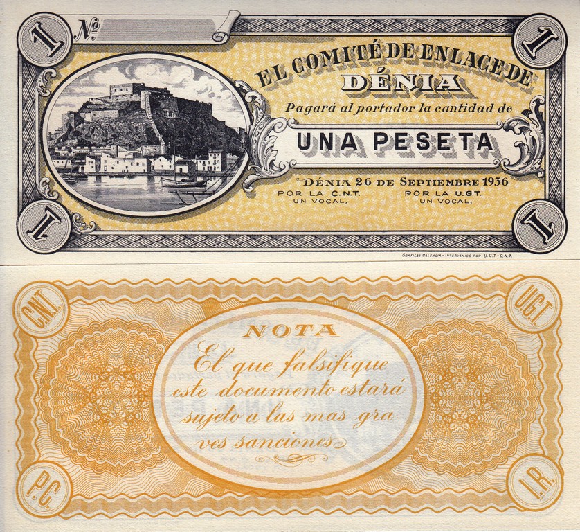 Испания Банкнота 1 песет 1936 UNC 