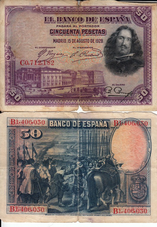 Испания Банкнота 50 песет 1928 VG Буквенная серия
