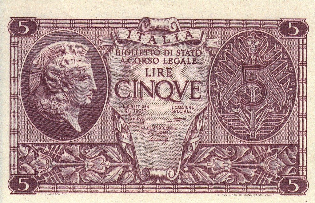 Италия Банкнота 5 лир 1944 UNC