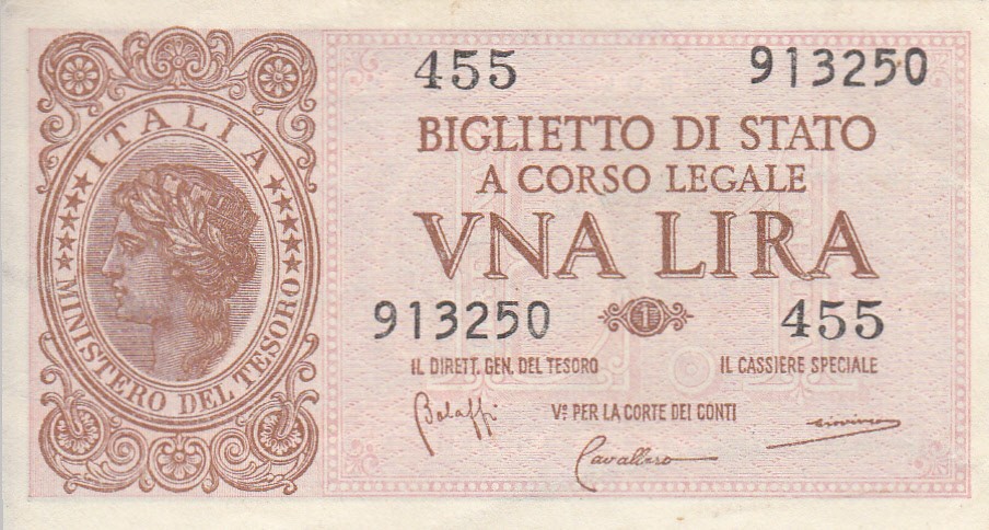 Италия Банкнота 1 лир 1944 UNC/aUNC