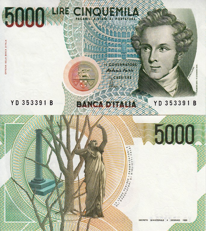 Италия Банкнота 5000 лир 1985 UNC