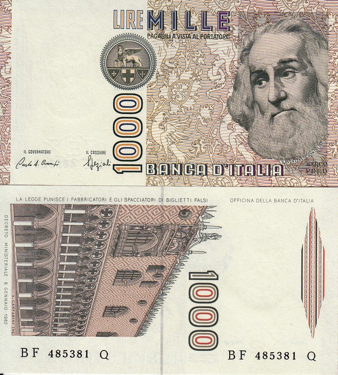 Италия Банкнота 1000 лир 1982 UNC