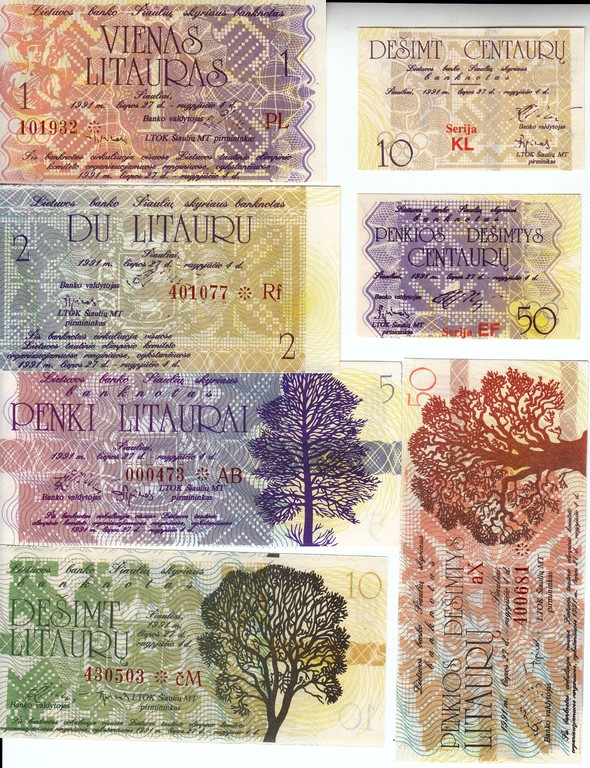 Литва набор Банкнот 10 и 50  центов и 1,2,5,10 и 50 литаурас 1991 UNC