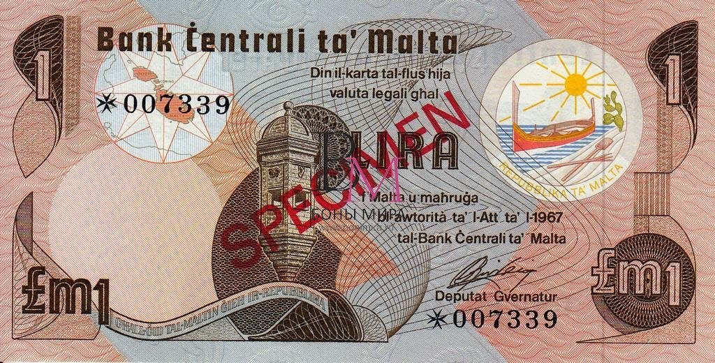 Мальта Банкнота 1 Лира 1967 UNC Образец и 