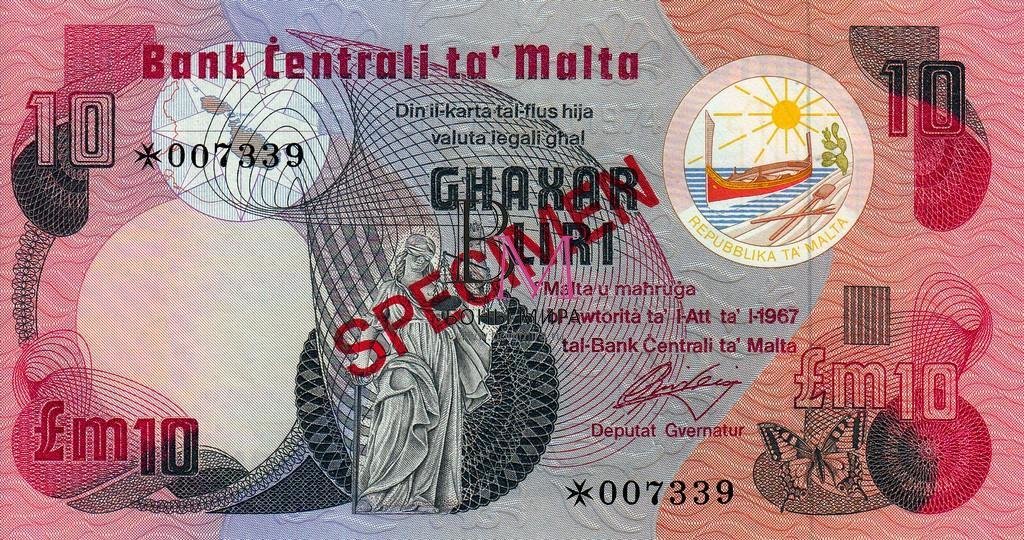 Мальта Банкнота 10 лир 1967 UNC Образец и 