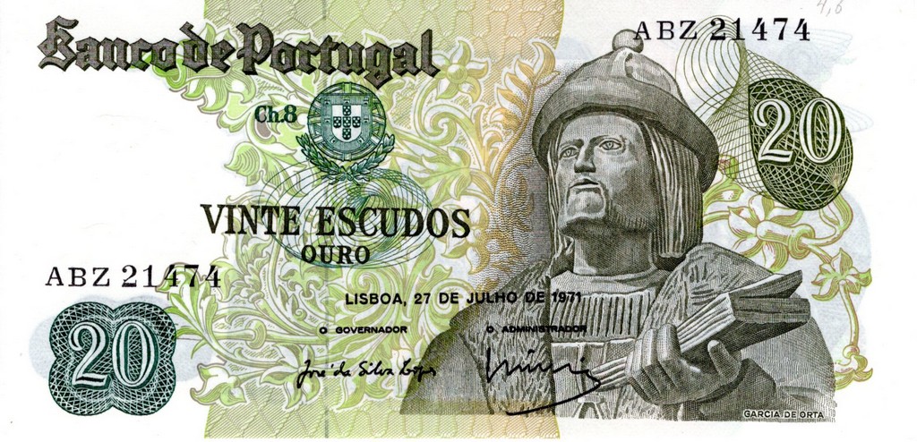 Португалия Банкнота 20 эскудо 1971 UNC Подпись