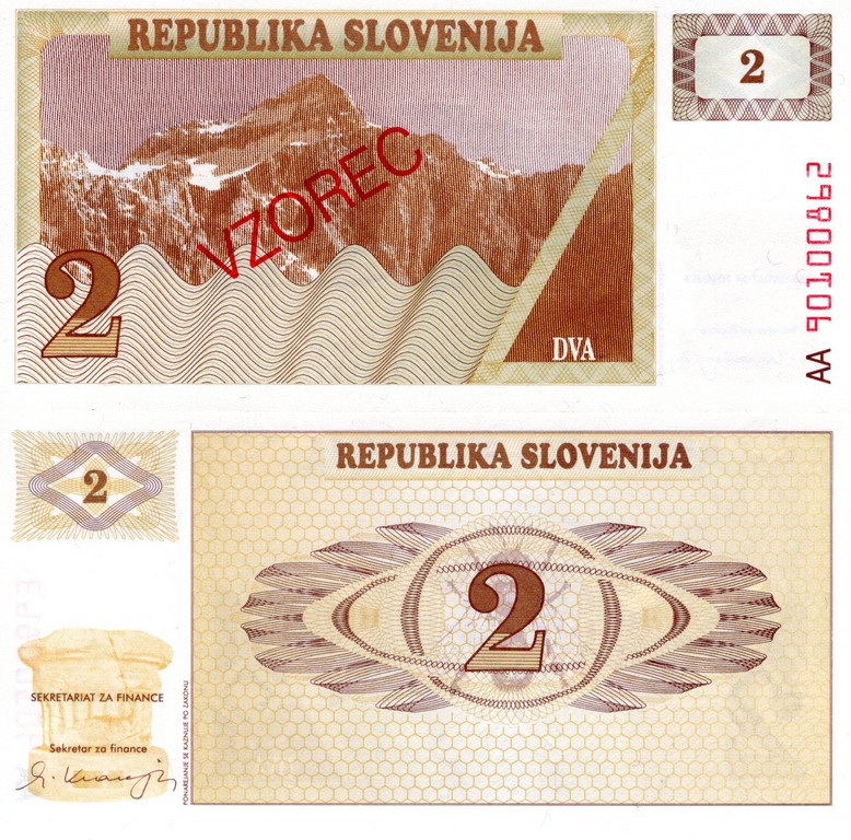 Словения Банкнота 2 толар 1990 UNC Образец