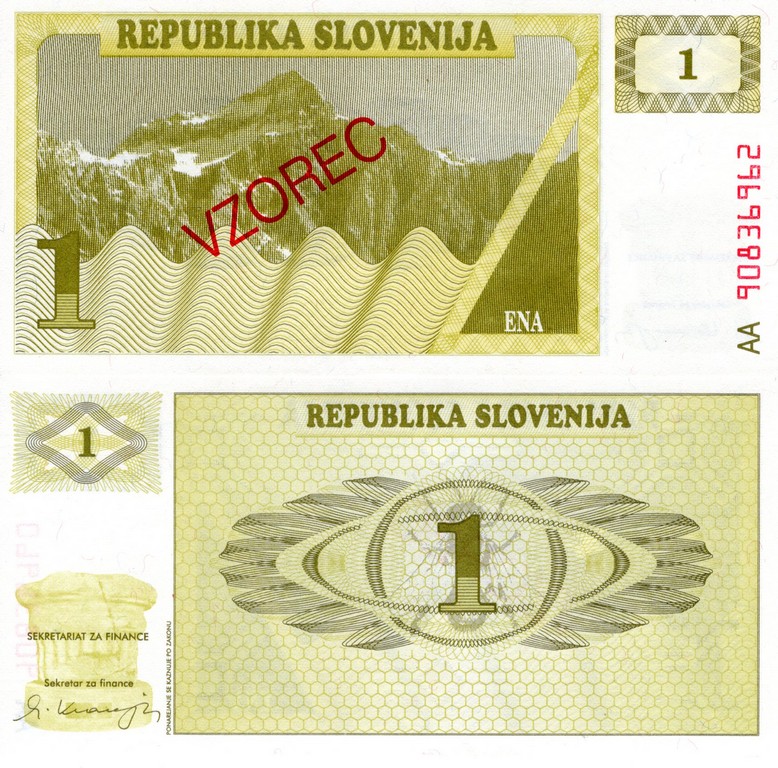 Словения Банкнота 1 толар 1990 UNC Образец