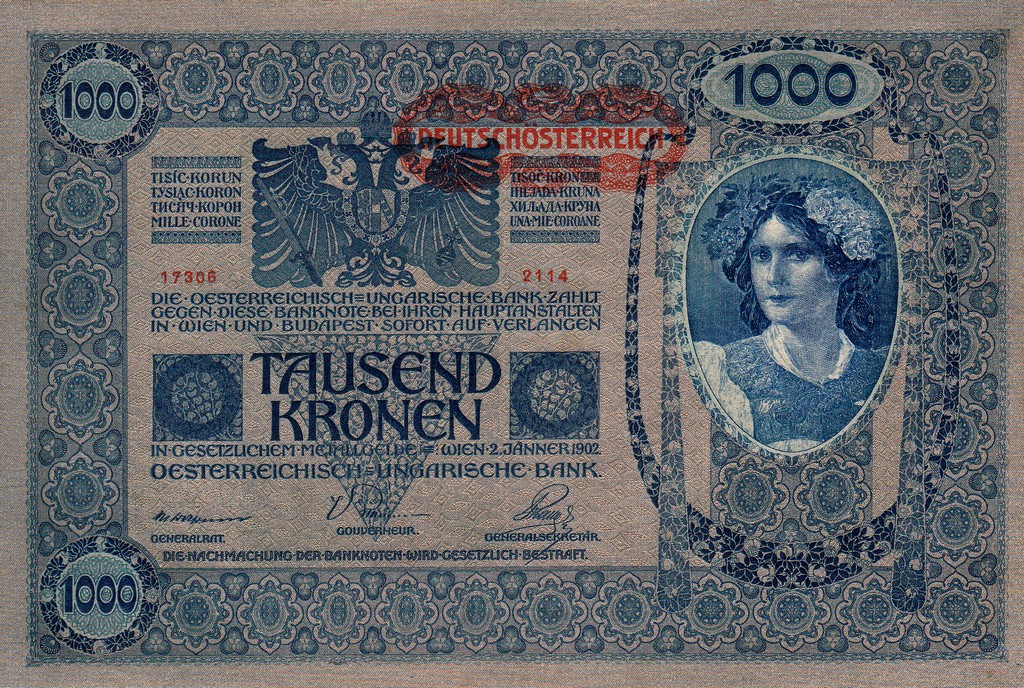 Австро-Венгрия Банкнота 1000 крон 1919 на 1000 крон 1902 UNC 