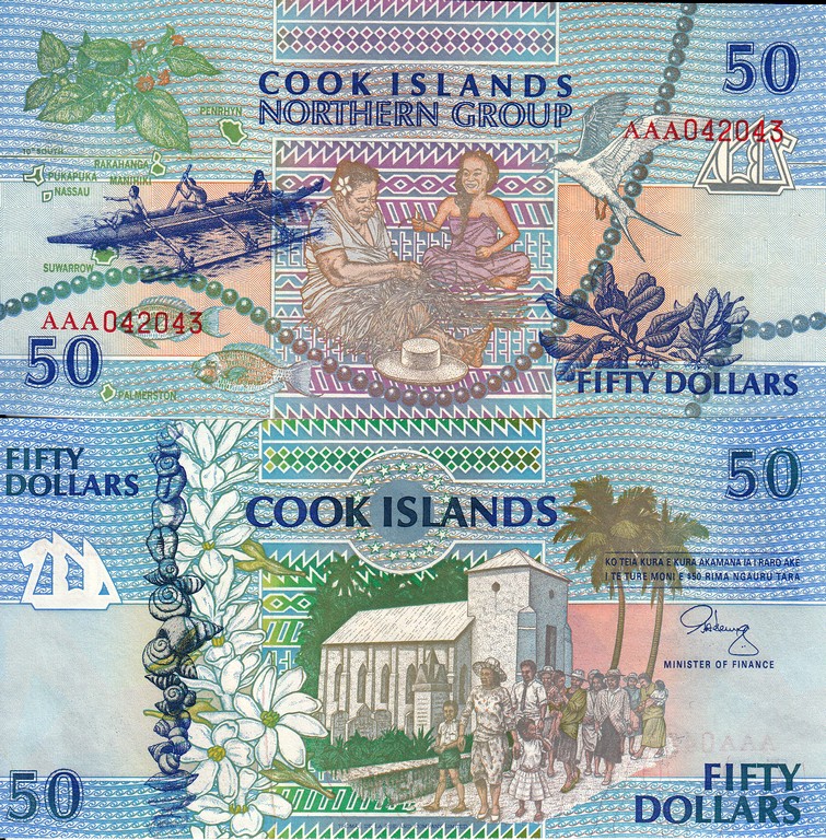 Острова Кука  Банкнота 50 доллара 1992 UNC