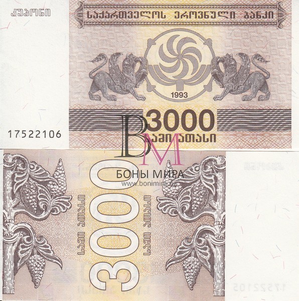 Грузия Банкнота 3000 купонов 1993 UNC